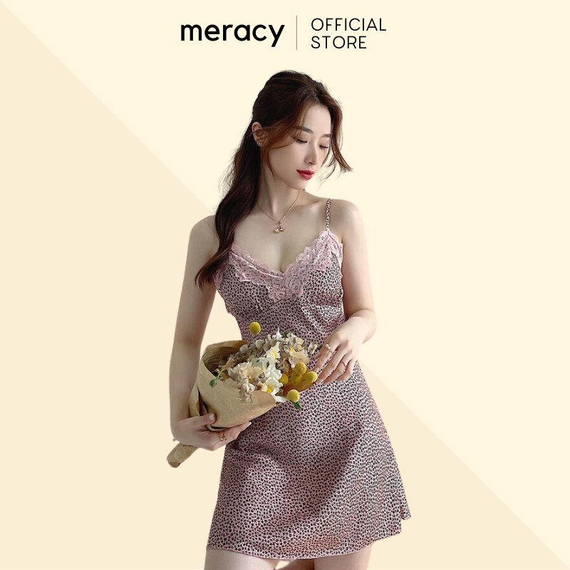 Đầm ngủ lụa satin 2 dây cao cấp nữ MERACY có mút ngực ren mặc nhà họa tiết báo đốm M03 - VN