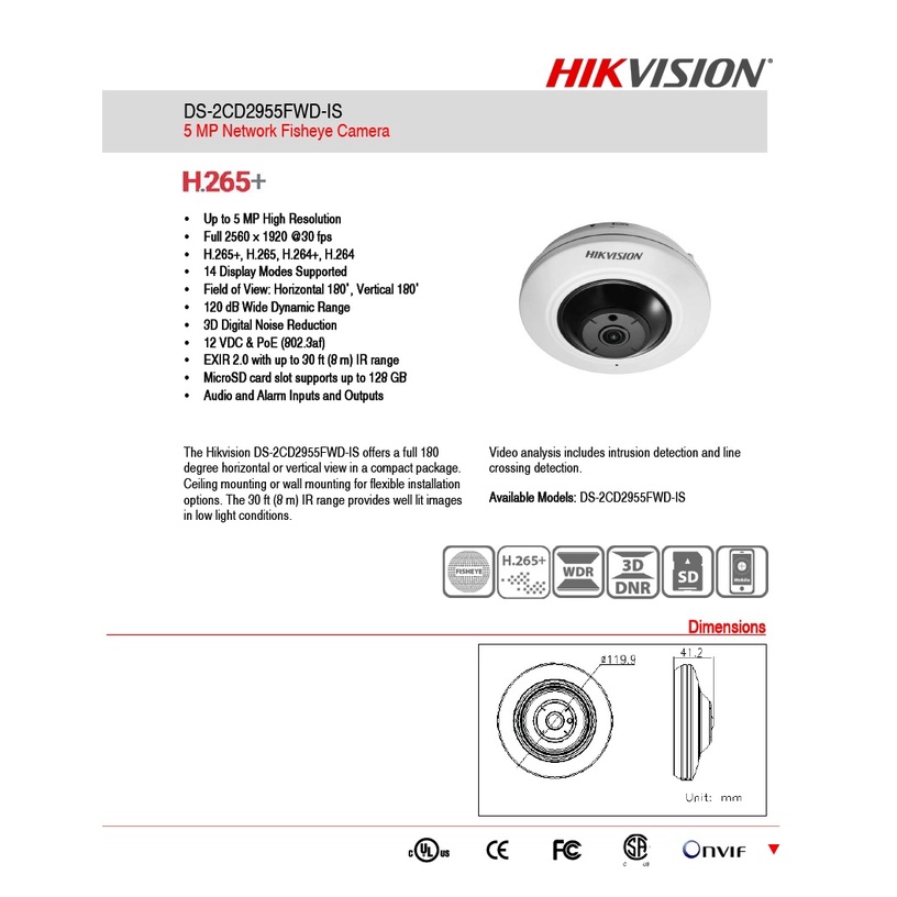 CAMERA IP FISHEYE HIKVISION DS-2CD2955FWD-IS độ phân giải 5.0 MP, Hỗ trợ âm thanh và báo động, có khe thẻ nhớ và POE