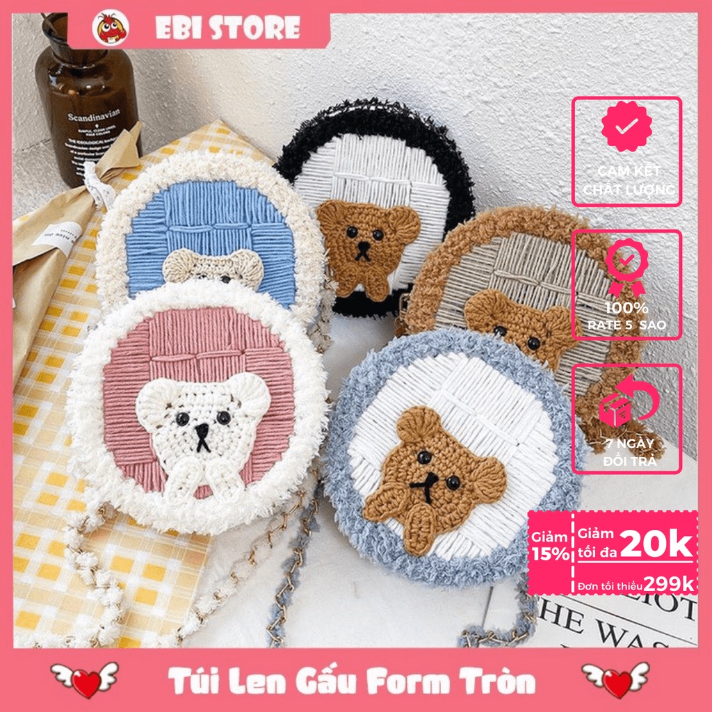 Túi Handmade Len Gấu Tròn Mẫu 2 ❤️ Ebi Store - Freeship ❤️ Set Nguyên Liệu Tự Đan (Có Clip Hướng Dẫn Làm)