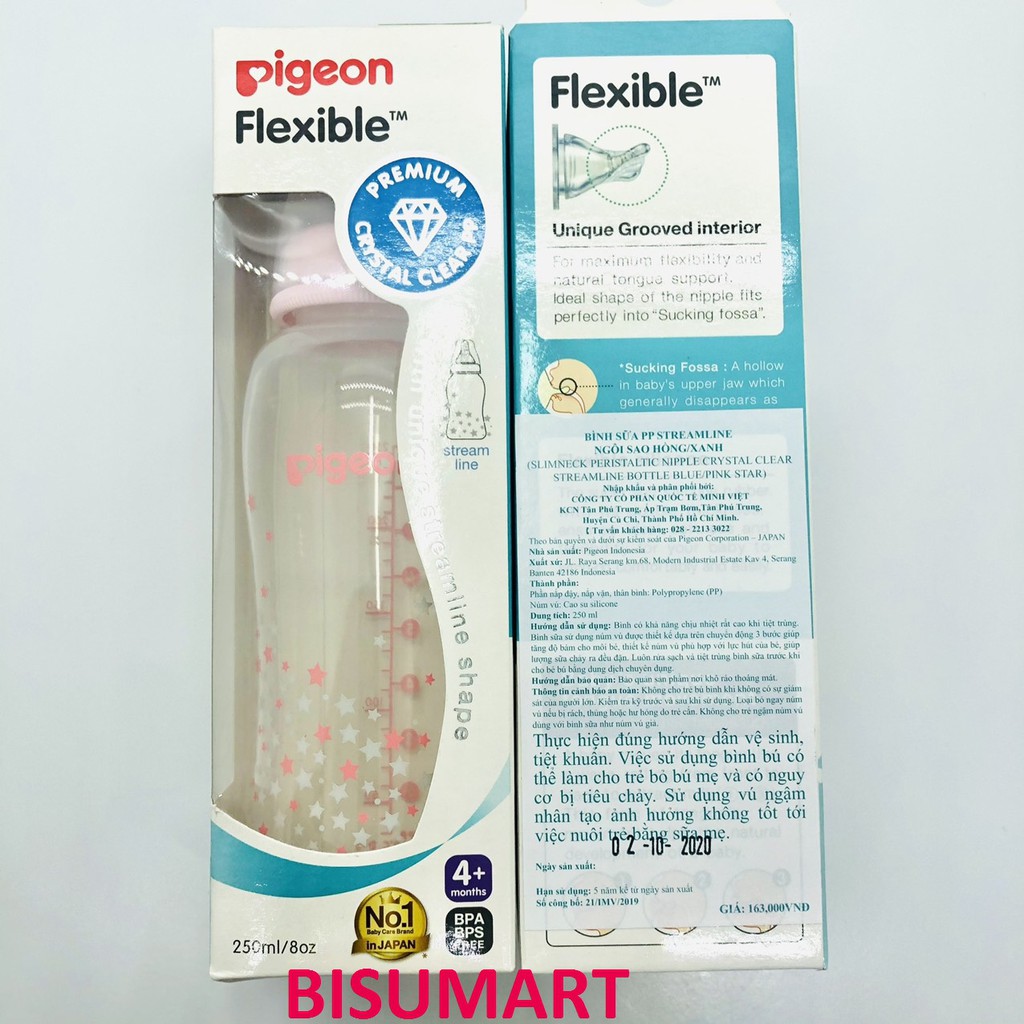 Bình sữa cổ hẹp PP Streamline hình ngôi sao hồng/xanh Pigeon 250ml (M)