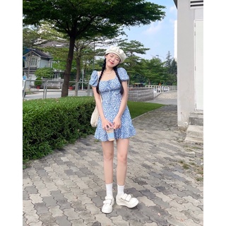 Đầm hoa xanh thắt nơ lưng