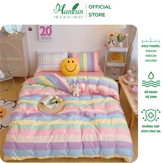 Bộ 4 món chăn ga gối cotton poly Hankun (hàng nhập khẩu) drap, thảm trải giường họa tiết kẻ caro