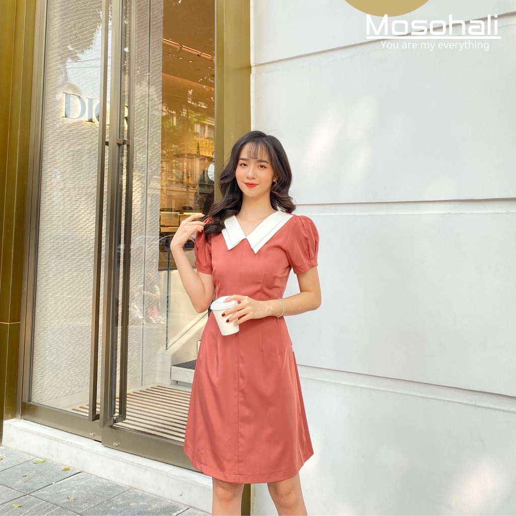 Đầm nữ Mosohali cổ thuỷ thủ dáng ôm 2 màu xanh hồng thời trang công sở thiết kế