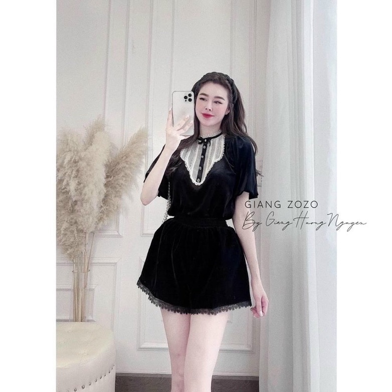 ANU533 ÁO NHUNG NỮ CỘC TAY ĐEN CỔ TRẮNG REN NƠ TAY BỒNG
