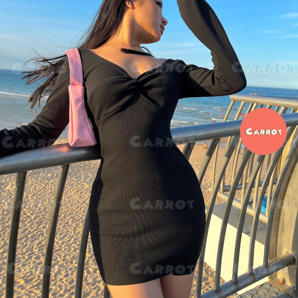 Đầm body ôm trắng sexy tay dài loe thiết kế khoét ngực sang trọng, cá tính chất thun co giãn Carrotxinhdep