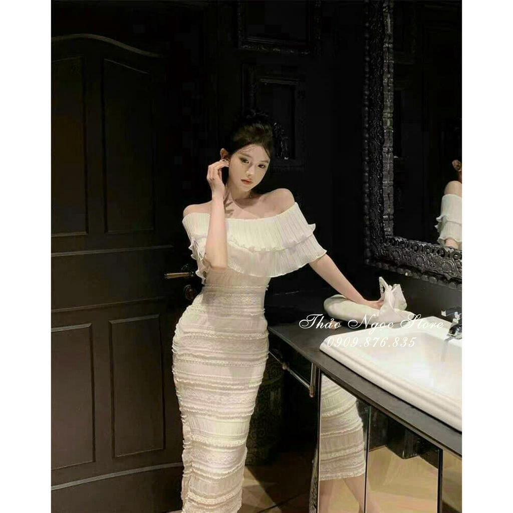Đầm ren body bẹt vai phối bèo tầng, đầm trễ vai bèo!  THẢO NGỌC STORE