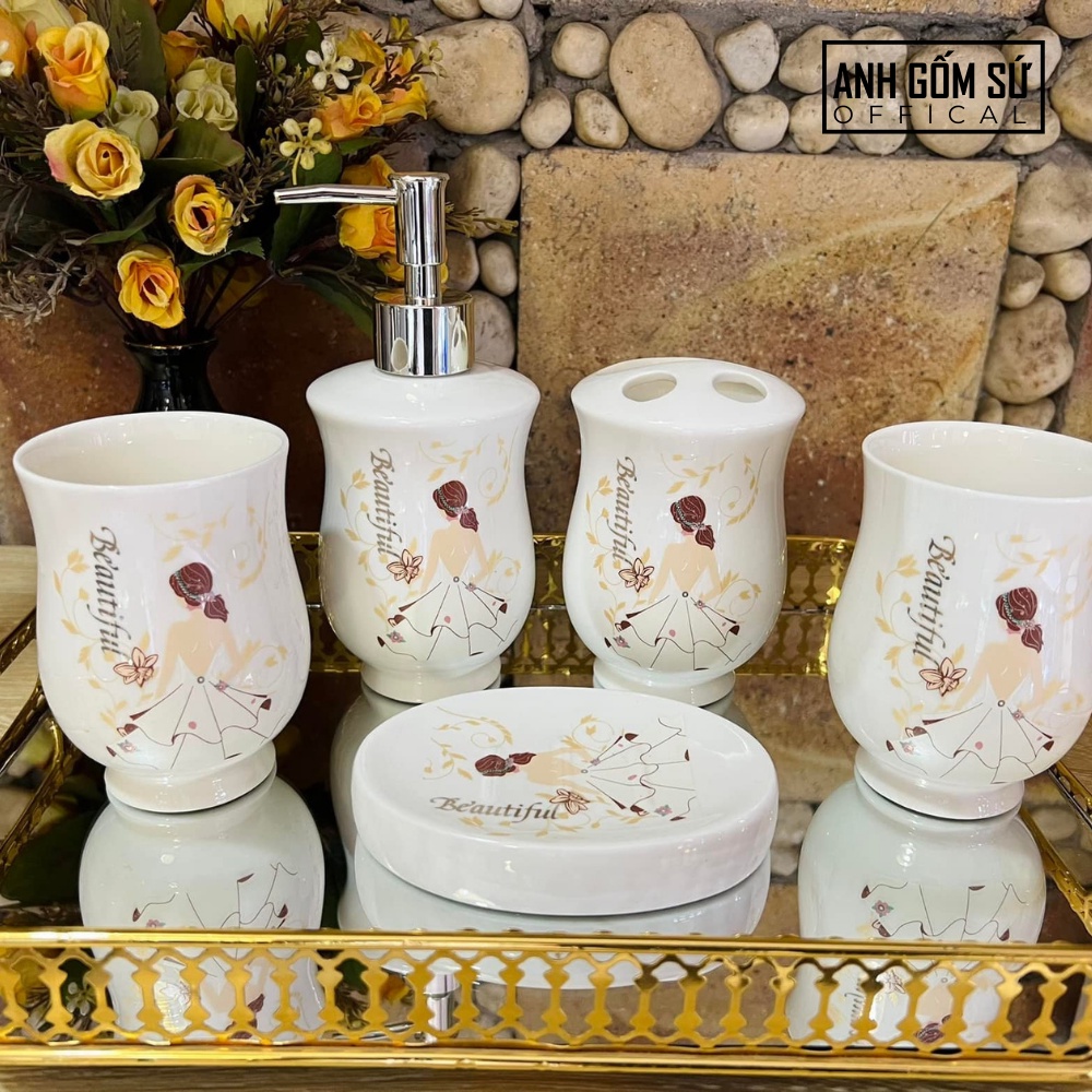 Bộ sứ vệ sinh - Set nhà tắm 5 món gốm sứ Bát Tràng, chai đựng sữa tắm dầu gội cao cấp