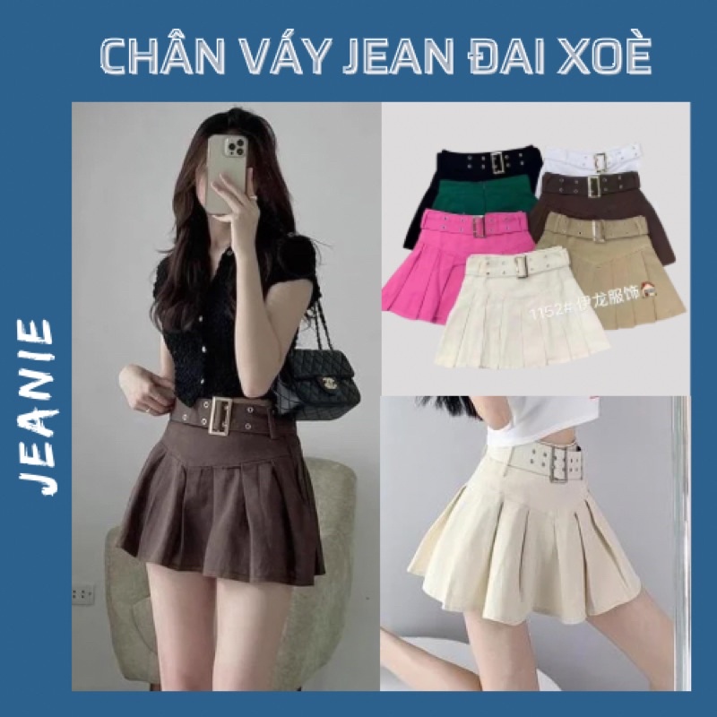 Chân váy jean xếp ly xoè JEANIE kèm đai to, có quần bên trong hàng QC