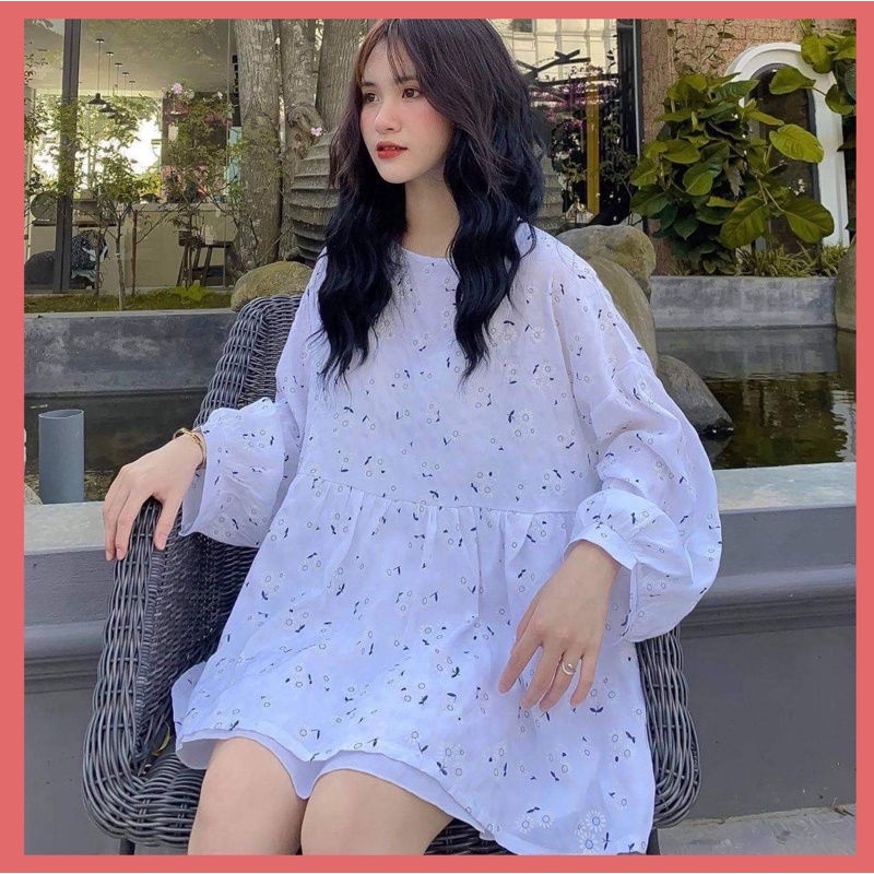 Áo babydoll hoa, áo babydoll nữ màu trắng bánh bèo, áo babydoll áo kiểu tay phồng | BigBuy360 - bigbuy360.vn