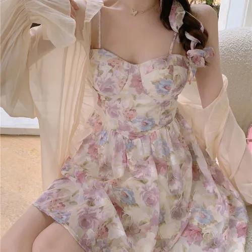 Bộ áo khoác cardigan + đầm hai dây họa tiết hoa thời trang mùa hè 2022 cho nữ (có bán lẻ)