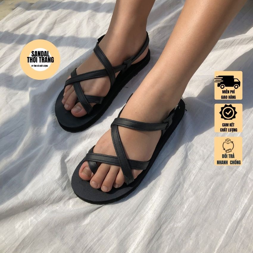 Giày sandal xỏ ngón quai chéo A101 nâu đen, đi học, đi chơi, Da Pu SANDALTHOITRANG