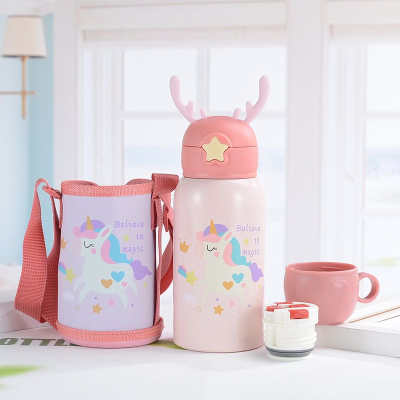 BÌNH GIỮ NHIỆT CHO BÉ HÌNH UNICORN NẮP BẬT VÓ ỐNG HÚT NHỰA VÀ NẮP VẶN QUAI TÚI ĐEO ĐI HỌC/ CHƠI MÀU HỒNG