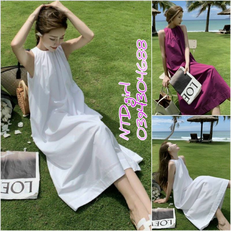 Đầm dáng suông maxi kate mịn mát, váy xuông cổ yếm xếp li cách điệu - DTH