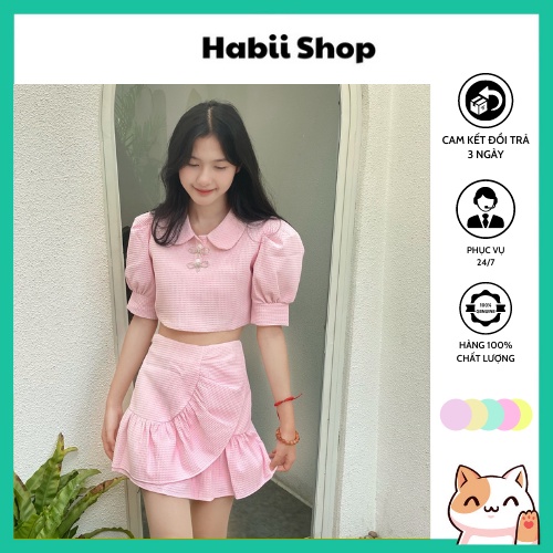 Set đồ nữ áo croptop sơ mi tay bồng + quần dáng váy Ulzzang HABII SE10