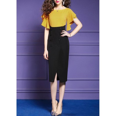 GOTI - Đầm Ôm Công Sở Nữ Kiểu Phối Màu Đính Nút Tay Cánh Tiên 3184