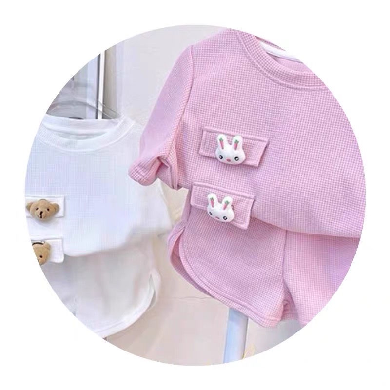 Set Đồ Mùa Hè 2 Món Tay Ngắn Màu Hồng Phong Cách Hàn Quốc Mới Cho Bé Gái 0-7 Tuổi