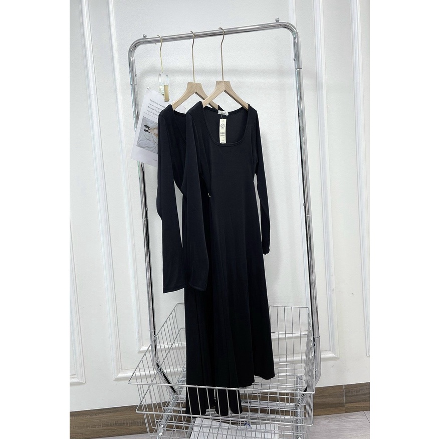 Đầm Body Cổ U Tay Dài Ôm Body Kiểu Xòe Chất Thun Gân , Đầm Body Midi Xòe
