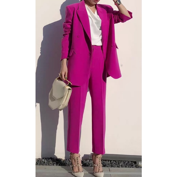 SET bộ vest nữ hồng neon | áo khoác vest blazer nữ  chiết eo, Quần Ống baggy ống ôm hồng cạp cao QUYNH DESIGN