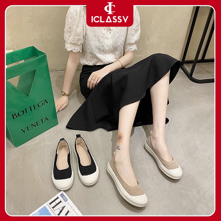 Giày Nữ Ulzzang Vintage, Giày Búp Bê Vải Dệt Kim Thoáng Khí Êm Chân Mix 2 Màu Đế Độn 3cm, Hàn Quốc - Iclassy_shoes