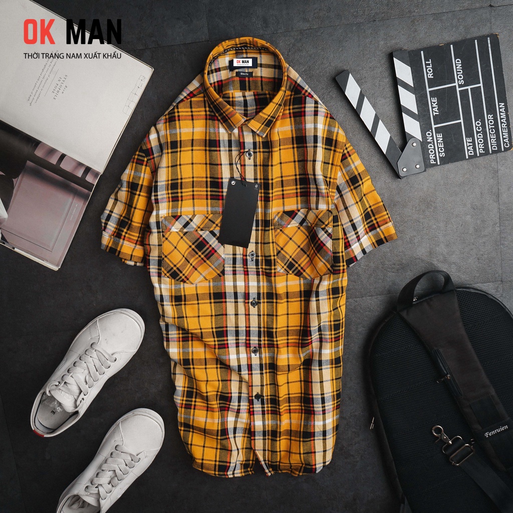 Áo sơ mi nam ngắn tay kẻ caro, form slimfit, 5 màu, chất liệu cotton, OkMan
