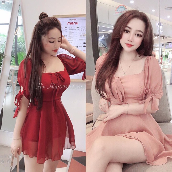 Đầm Voan Cổ Chử V Tay Phồng Cột Nơ | BigBuy360 - bigbuy360.vn