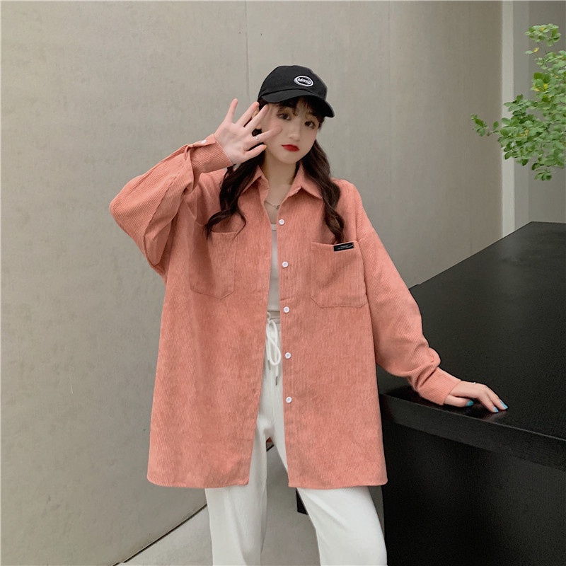 Áo khoác SUXI vải nhung tăm dáng rộng màu trơn retro Hàn Quốc cho nữ