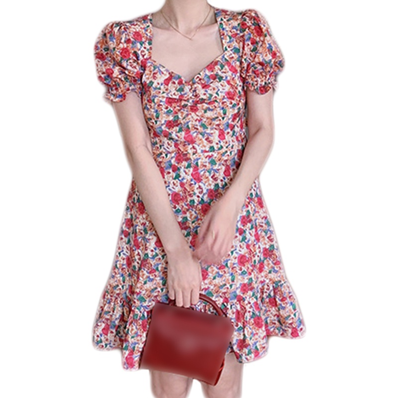 Brroa Đầm Xòe Mini Cổ Vuông Tay Ngắn Phồng In Hoa Kiểu Vintage Pháp Thời Trang Mùa Hè Cho Nữ