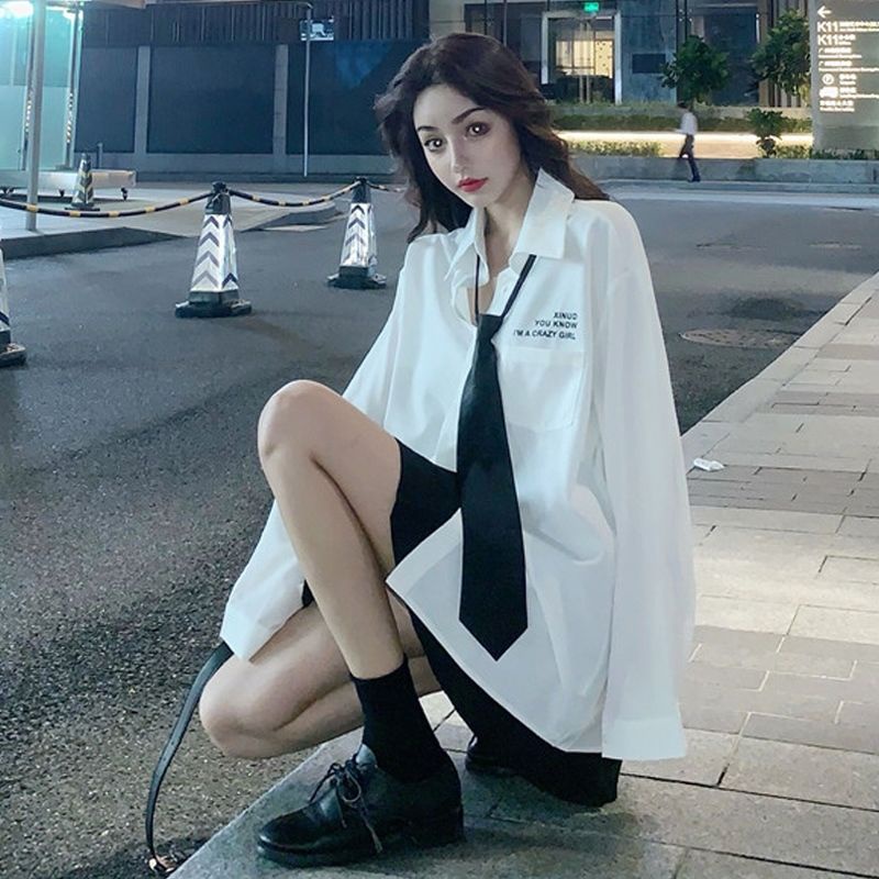 Áo Sơ Mi Tay Dài Dáng Rộng Tay Dài Màu Trắng Thắt Cà Vạt In Chữ Phong Cách JK Hàng Mới 2020 Dành Cho Bạn Nữ