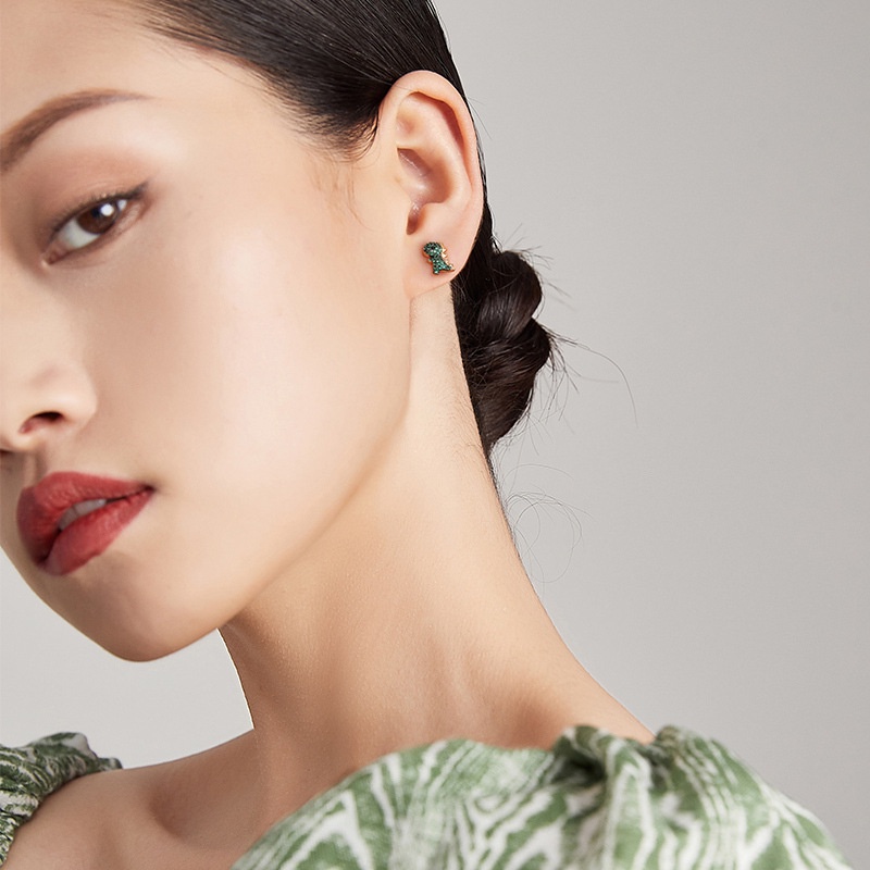 Hoa tai khủng long nhỏ dễ thương và tinh tế không gây dị ứng Hoa tai rhinestone nữ thời trang Hàn Quốc