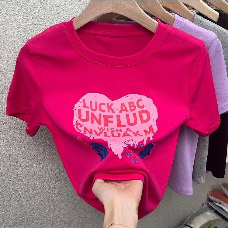 Cotton New Summer T-shirt Love Bear Short Bare Midriff Slim Fit Women's Short Sleeve Slim Fit All-Match Women's Shirt Ins Fashion JRUI