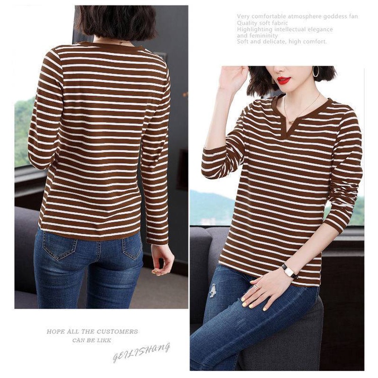 Áo thun tay dài cổ chữ V thời trang cho phụ nữ trung niên