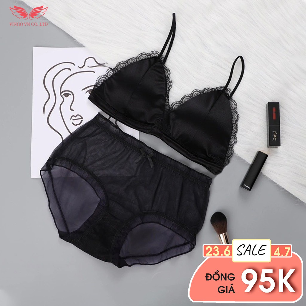 [MUA BRA TẶNG QUẦN CHIP XINH] Áo Lót Nữ Bra Lụa Không Gọng Đệm Vừa Tặng Quần Ren Đen Sexy Quyến Rũ BR11 VNGO