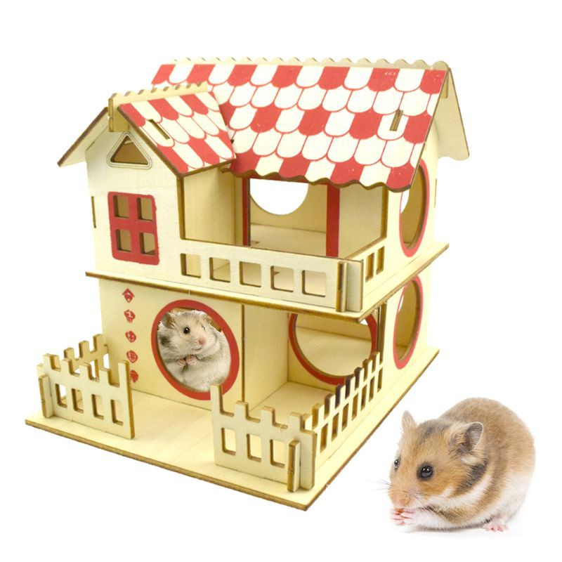 Ngôi nhà bằng gỗ nhỏ gọn 2 tầng dùng làm lồng nuôi chuột hamster độc đáo
