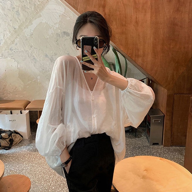 Áo Sơ Mi chiffon Mỏng Tay Phồng Cổ V Thời Trang Hàn Quốc Dành Cho Nữ