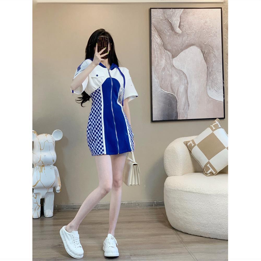 Casual fashion dress 2022 new women's summer casual fashion blue checkerboard dress