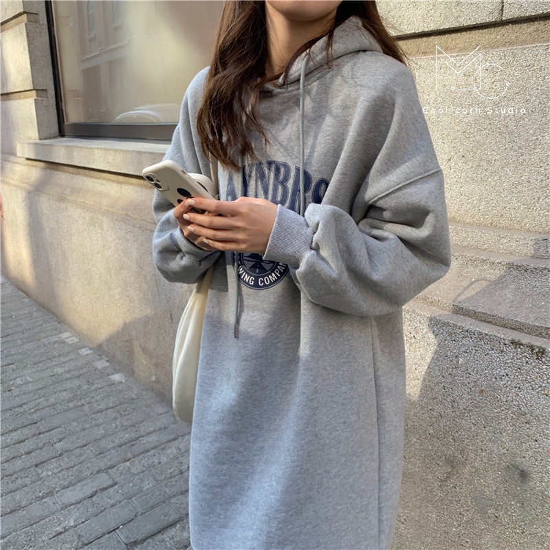 Váy/ Đầm oversize dáng hoodie có mũ trùm đầu dày dặn cho mùa đông ấm áp