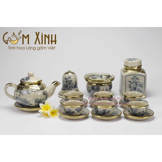 Ấm chén Bát Tràng_Bộ bình trà men rạn giả cổ bọc đồng dáng Hồng & phụ kiện