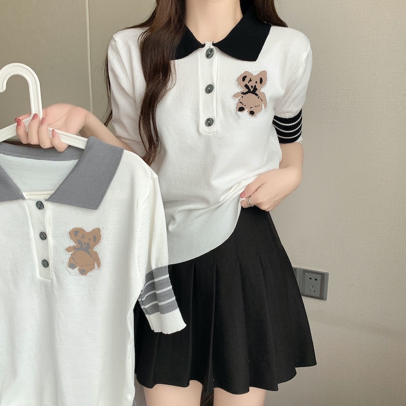 Áo Thun polo Ngắn Tay Họa Tiết Kẻ Sọc Thời Trang Hàn Quốc
