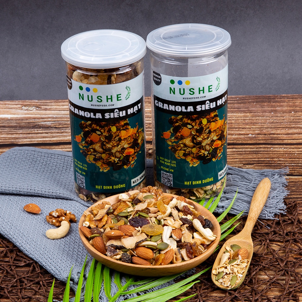 Granola Siêu Hạt, Nushe Food, Giảm Cân, Ăn Vặt, 10% yến mạch, 500gr, ăn kiêng, tăng cân
