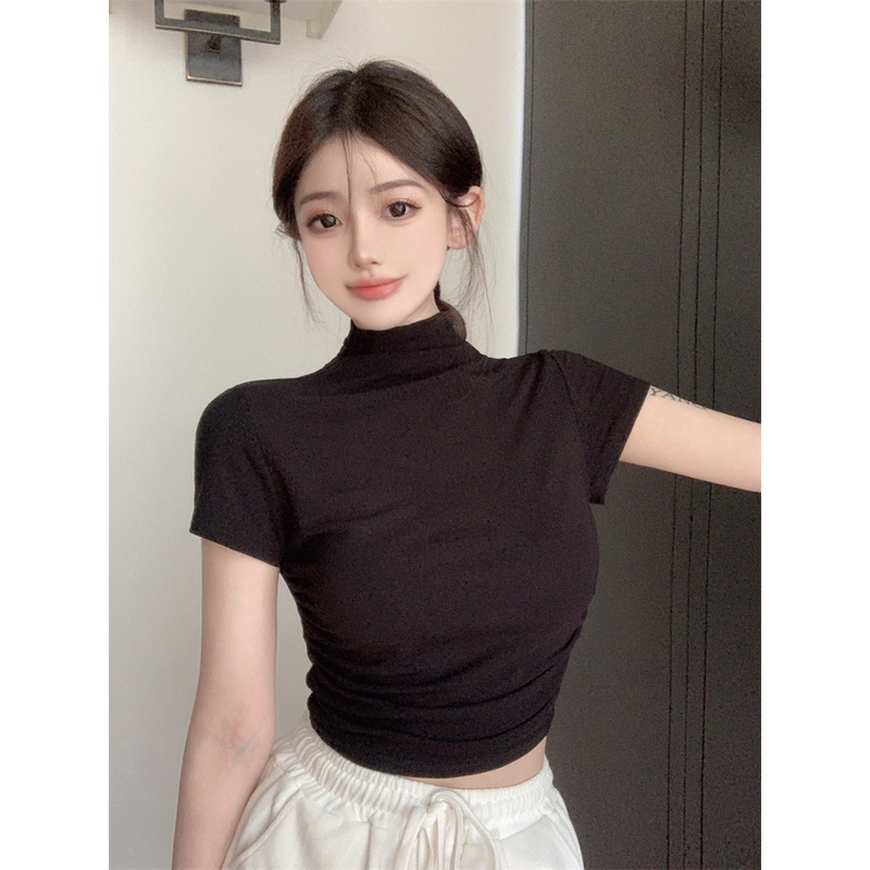 Áo Thun Lửng Cổ Cao Dáng Ôm Phong Cách Hàn Quốc Thời Trang Cho Nữ