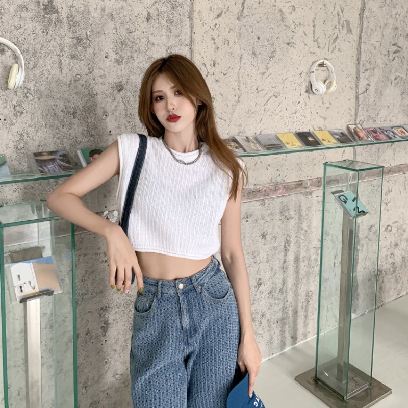 IELGY  Áo Dệt Kim Mỏng Sát Nách Dáng Rộng Ngắn Thời Trang Mùa Hè Cho Nữ