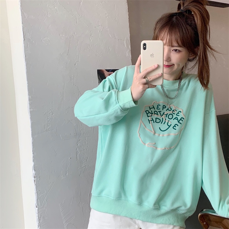 ZHELIHANGFEI Áo Thun Tay Dài Cổ Tròn Form Rộng Họa Tiết In Theo Phong Cách Preppy Dễ Phối Đồ