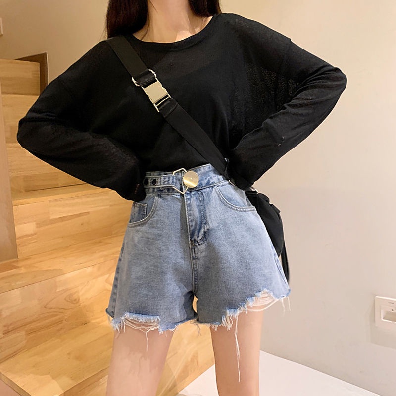 Quần Short Denim Lưng Cao Ống Rộng Phong Cách Hàn Quốc Mẫu Mới Dành Cho Nữ