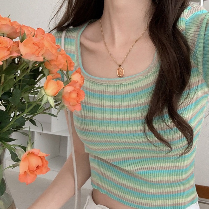 Áo Thun Croptop Ngắn Tay Cổ Vuông Họa Tiết Kẻ Sọc Màu Tương Phản Thời Trang Cho Nữ