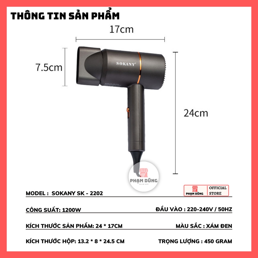 Máy sấy tóc Sokany SK-2202 , máy tạo kiểu tóc , máy sấy tóc ion âm chống khô tóc dưỡng ẩm làm mềm mượt tóc