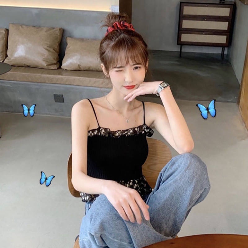 Áo dệt kim 2 dây in hoa xinh xắn cho nữ