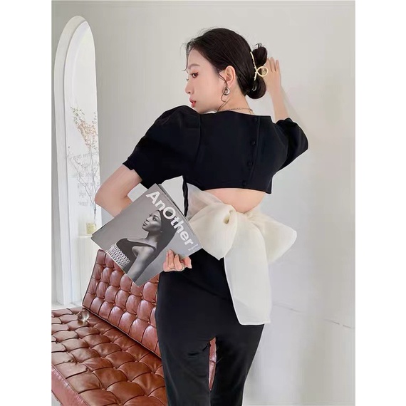 Set áo nơ lưng sang chảnh + quần giả váy