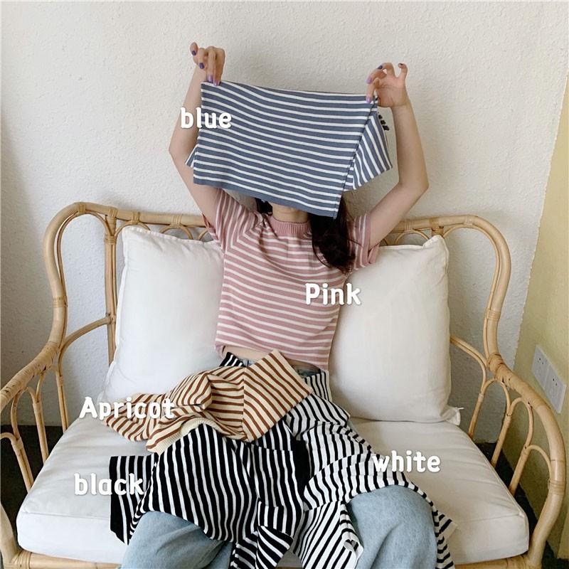 Áo thun nữ cổ tròn ngắn tay áo phông cotton thun dệt kim họa tiết kẻ ngang dáng basic thoáng mát co giãn 4 chiều TOZZO
