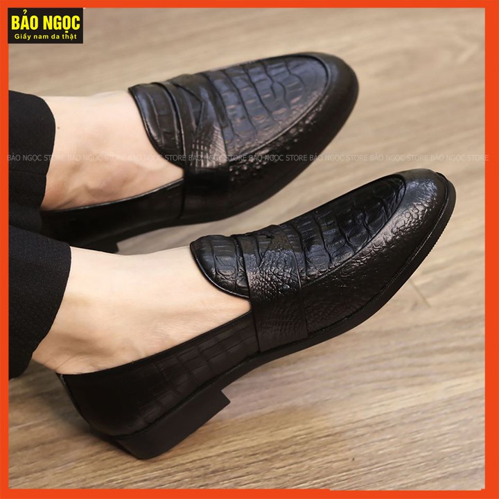 Giày da nam BẢO NGỌC K111 - Giày lười nam da bò dập vân cá sấu băng đục cao cấp - Đế cao su đúc khâu chắc chắn cao 3cm