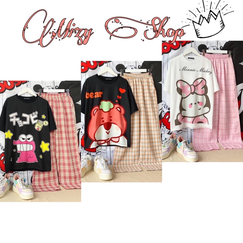 Set Áo Thun Tay Lở 3D Quần Suông Caro Kate Mềm Ảnh Thật 100%